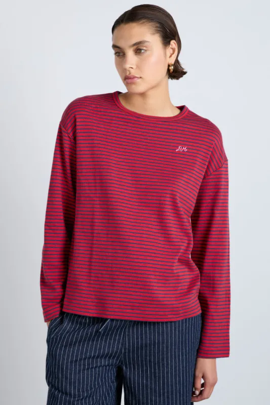 red and navy  stripe long sleeve top sold by Damson Madder