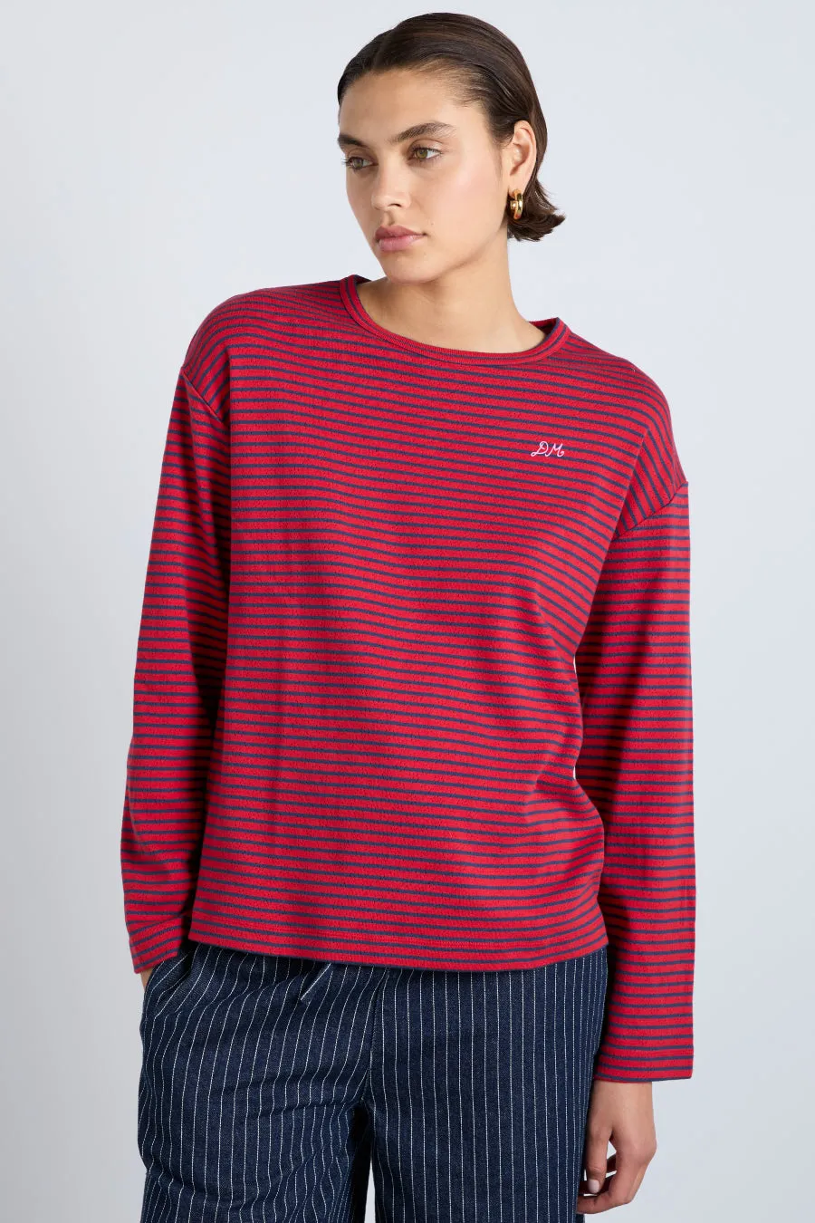 red and navy stripe long sleeve top sold by Damson Madder