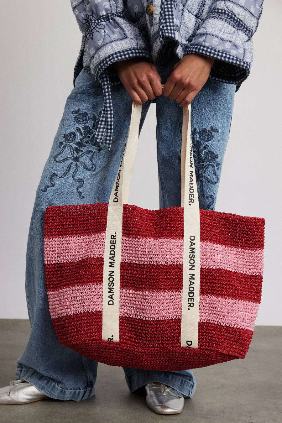 straw stripe oversized tote bag sold by Damson Madder