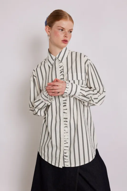 kylie ruffle shirt - white stripe sold by Damson Madder