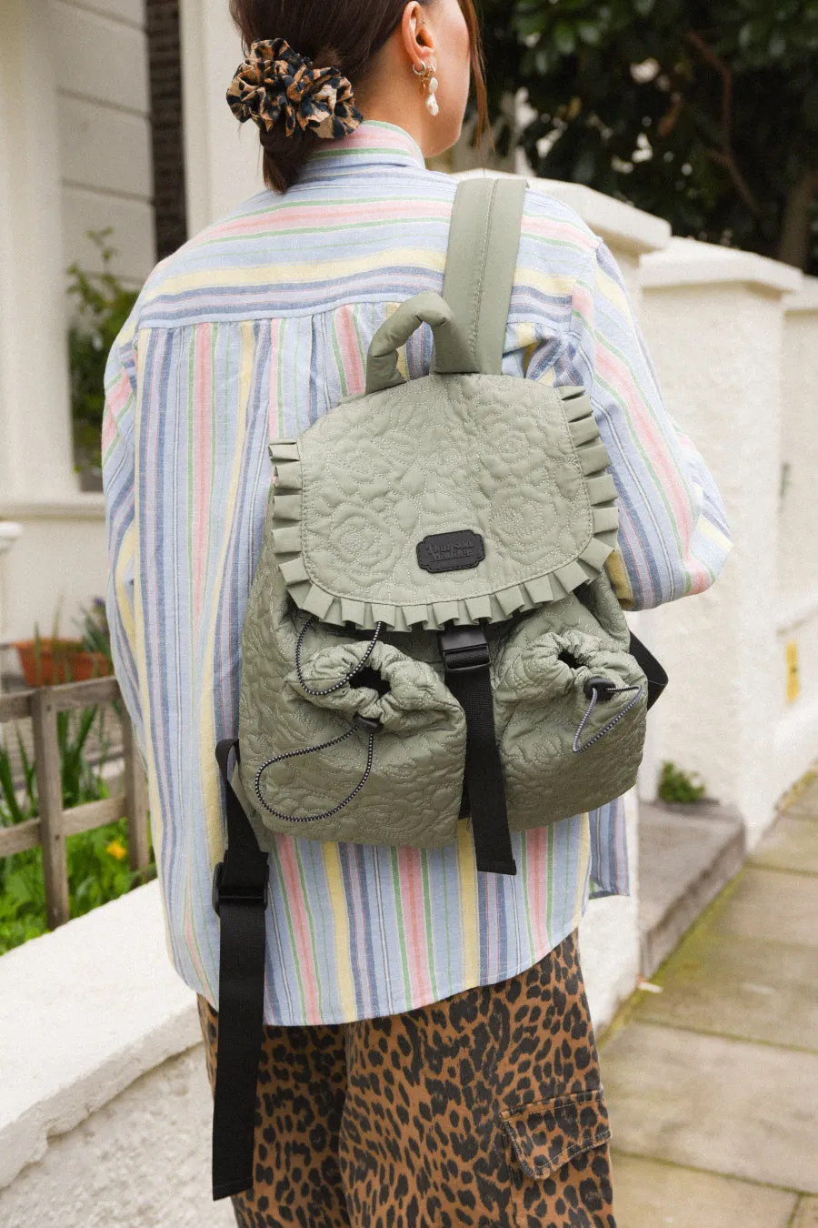 rose quilted backpack khaki sold by Damson Madder