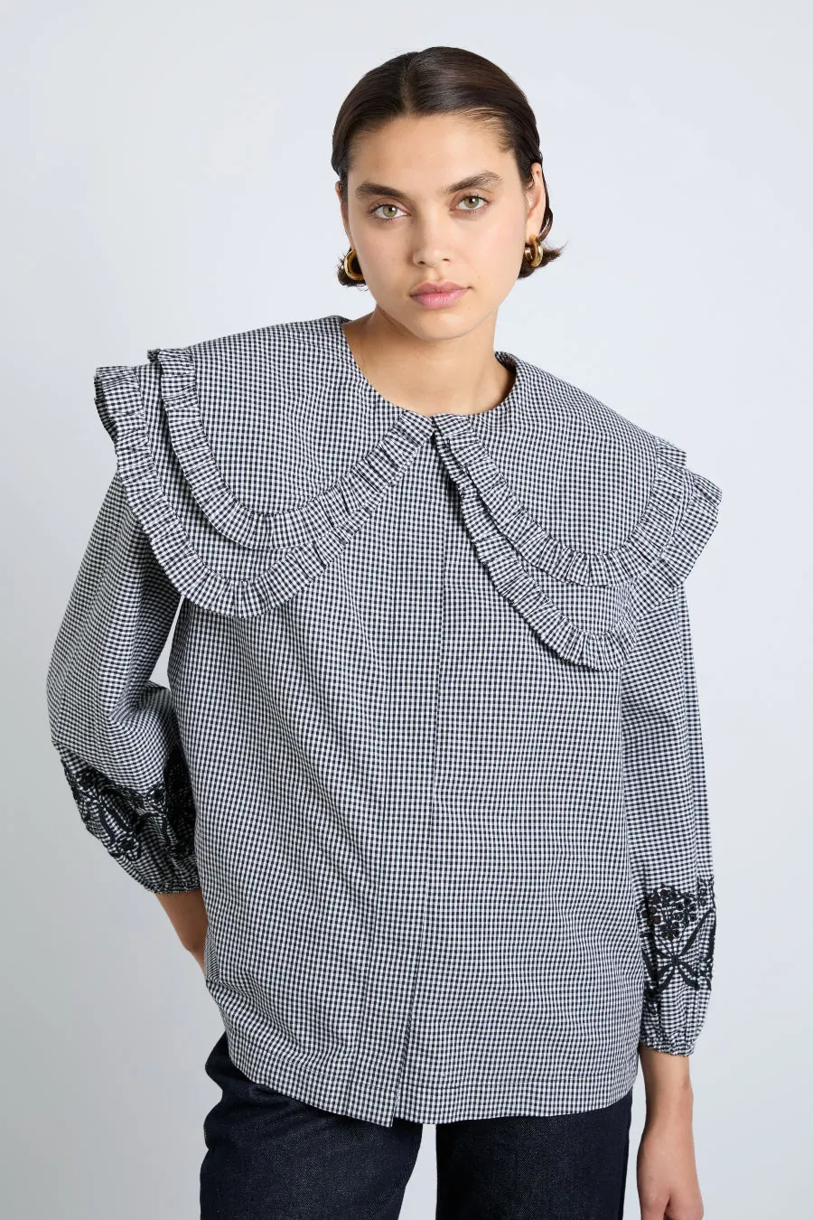 lois double collar blouse - black gingham sold by Damson Madder