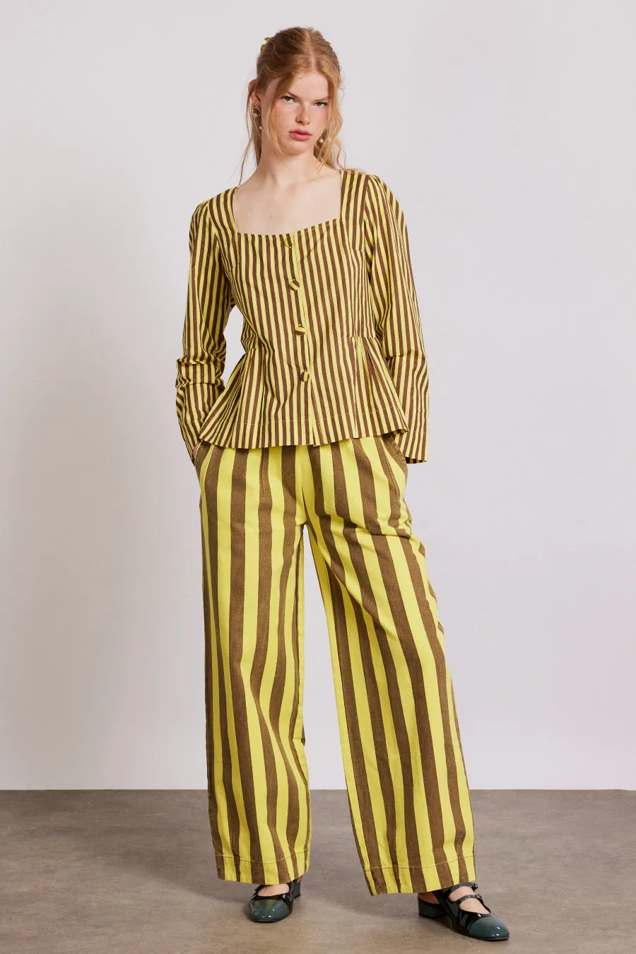 rafe pants - yellow choc stripe sold by Damson Madder