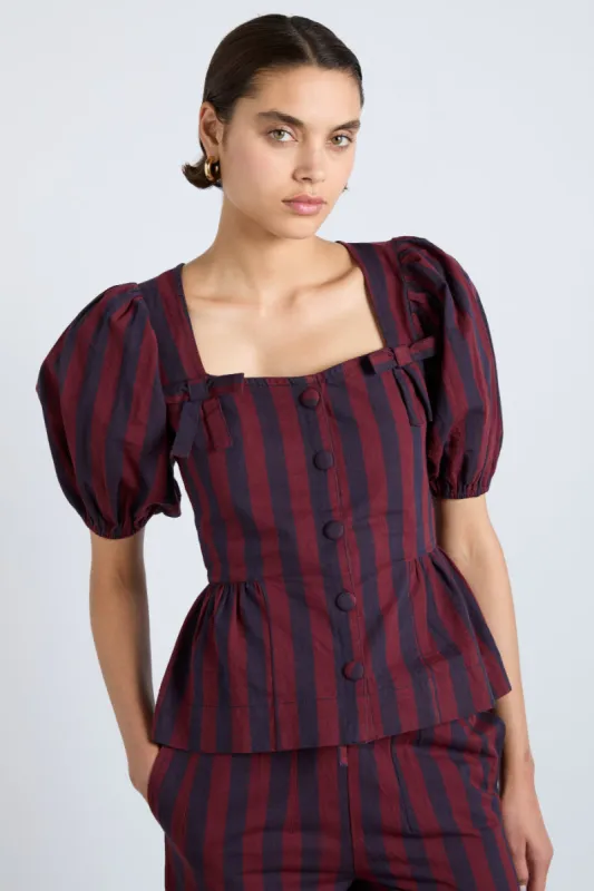 harriet blouse - burgundy and navy stripe sold by Damson Madder