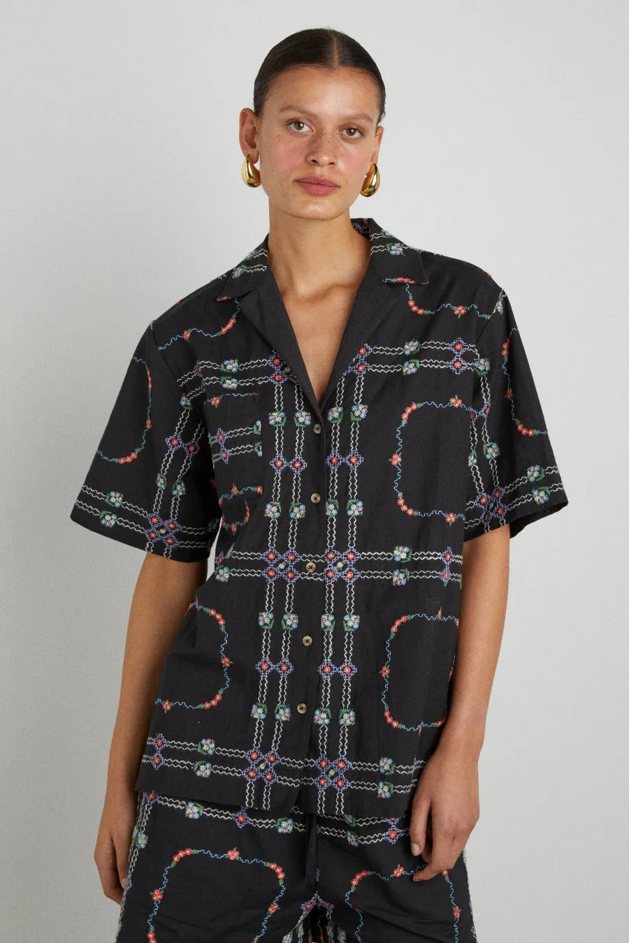 tablecloth embroidered shirt - black floral sold by Damson Madder