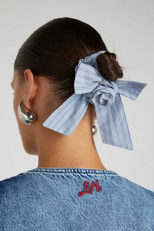 rosette bow scrunchie in blue stripe sold by Damson Madder