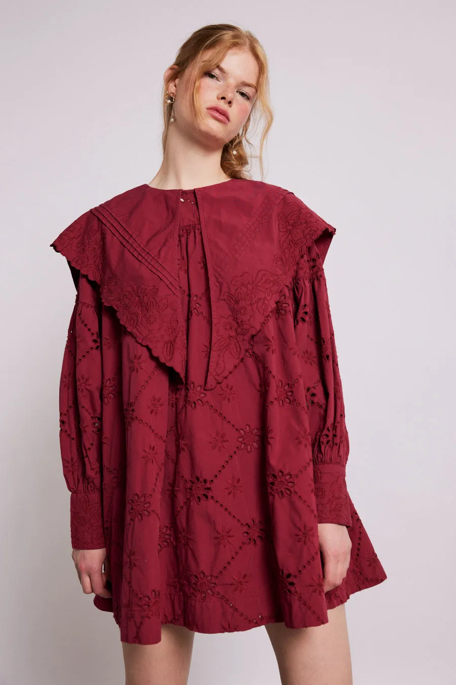 clementine embroidered collared mini dress - burgundy sold by Damson Madder product image thumbnail 2