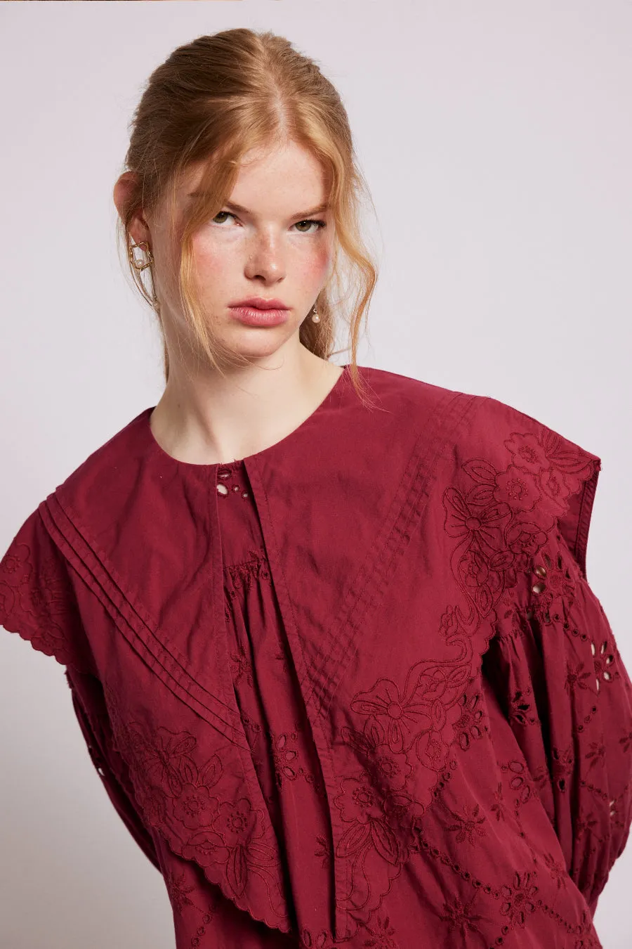 clementine embroidered collared mini dress - burgundy sold by Damson Madder product image thumbnail 4