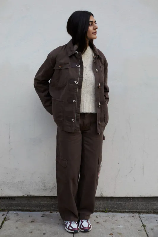 dion workwear borg shacket - chocolate sold by Damson Madder