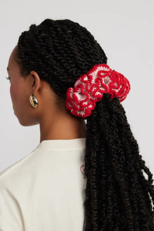 wiggle crochet scrunchie in pink & red sold by Damson Madder