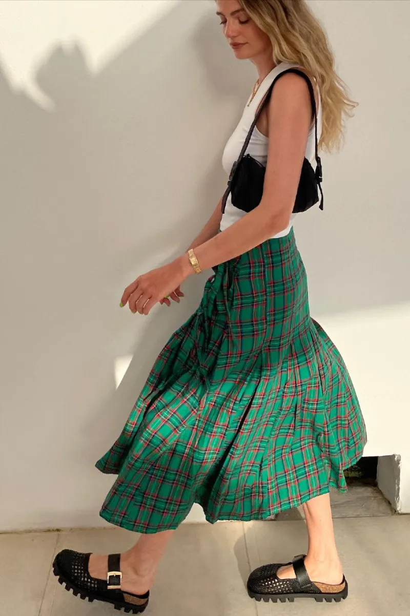 kya wrap kilt - green tartan sold by Damson Madder