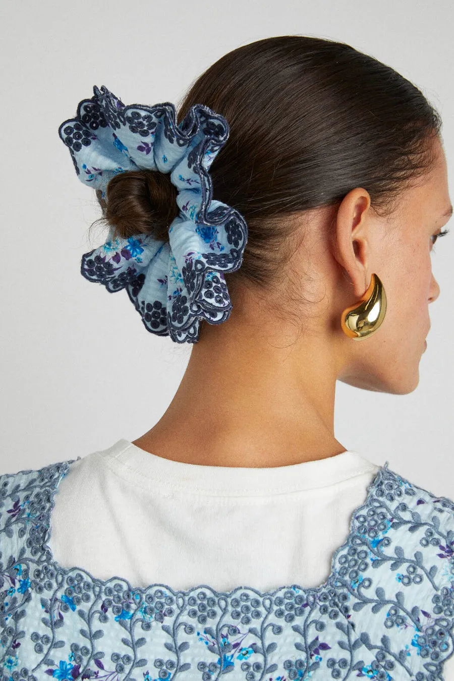 broderie edge oversized scrunchie in blue sold by Damson Madder product image thumbnail 2