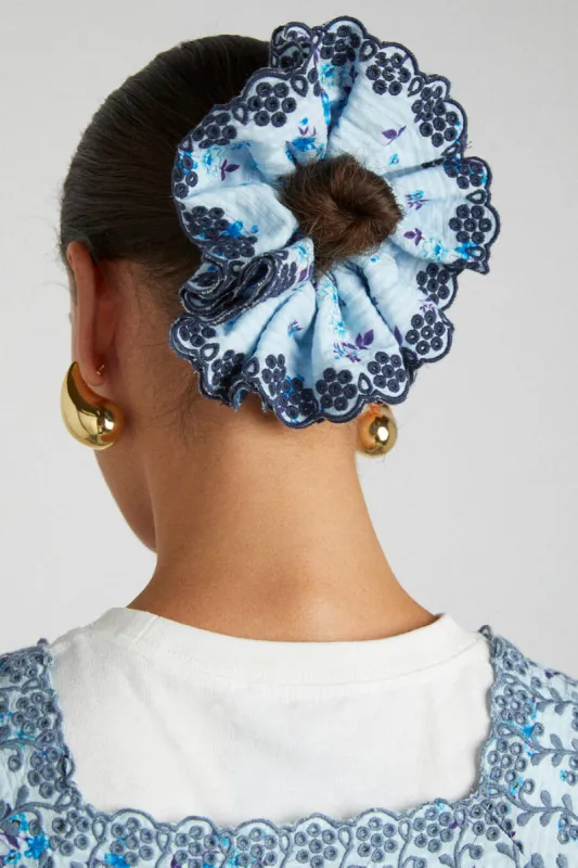 broderie edge oversized scrunchie in blue sold by Damson Madder