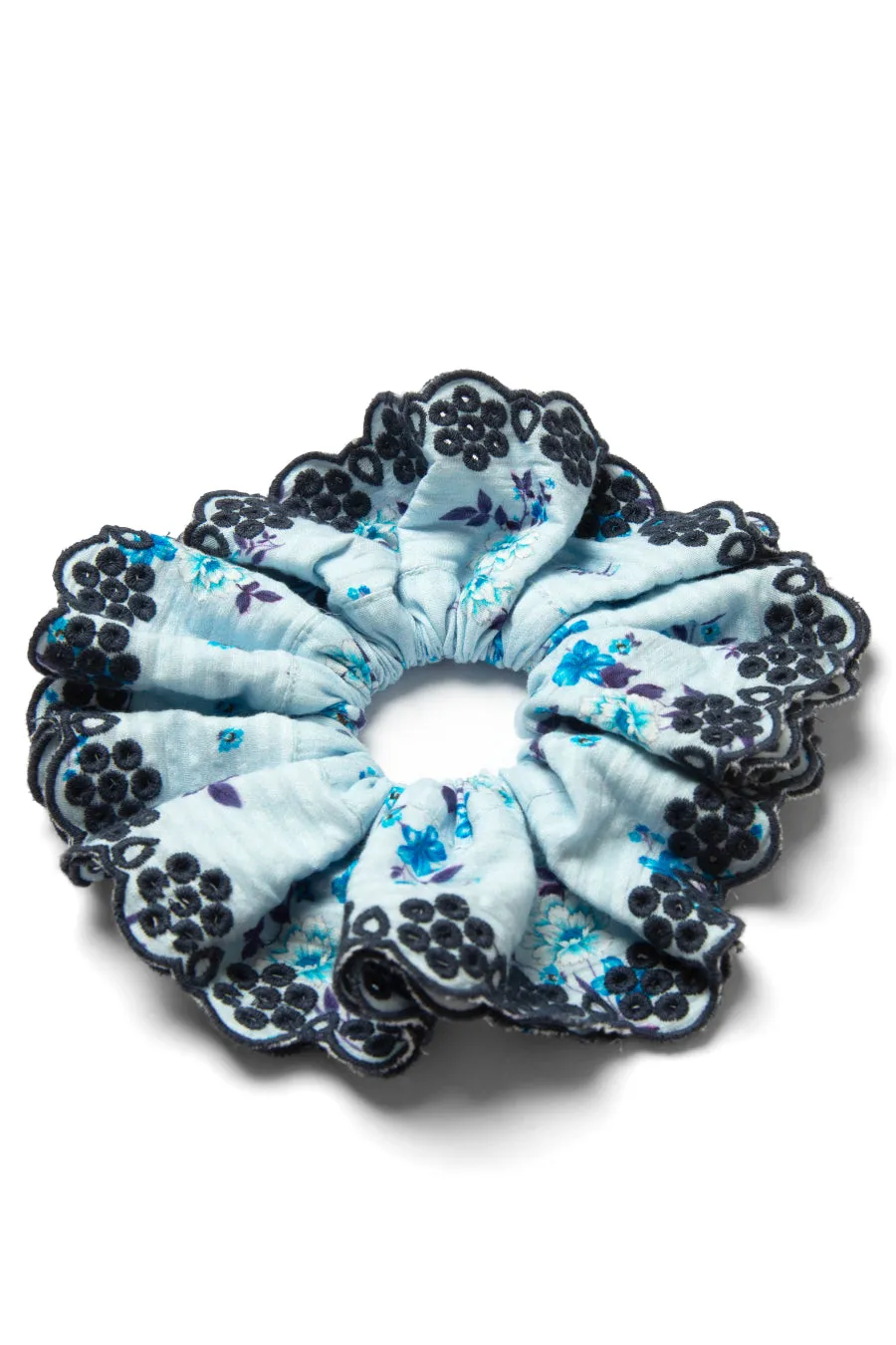 broderie edge oversized scrunchie in blue sold by Damson Madder product image thumbnail 4