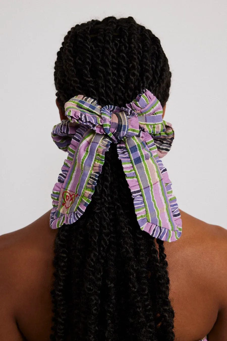 frill bow scrunchie in cindy check sold by Damson Madder
