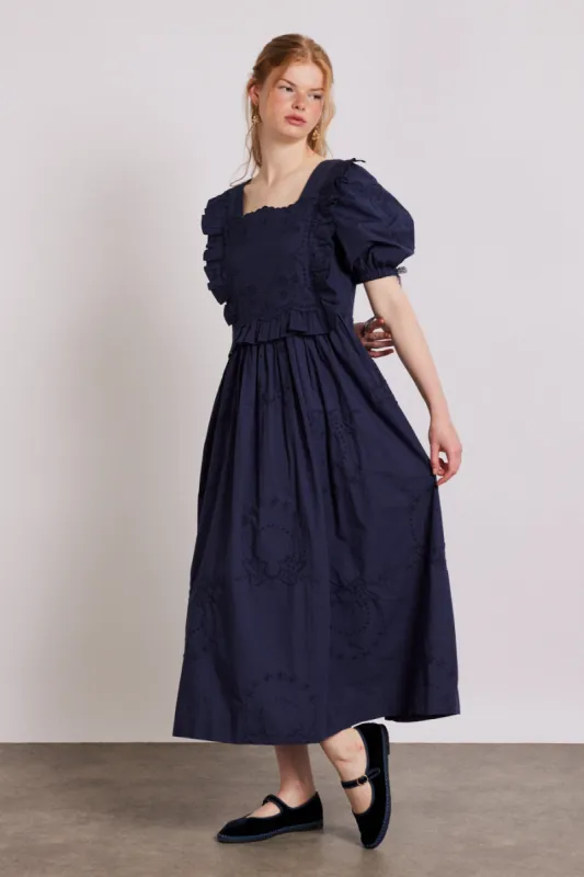 rhea dress - navy broderie sold by Damson Madder