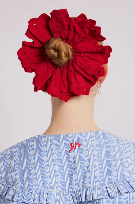 embroidered scrunchie in red sold by Damson Madder