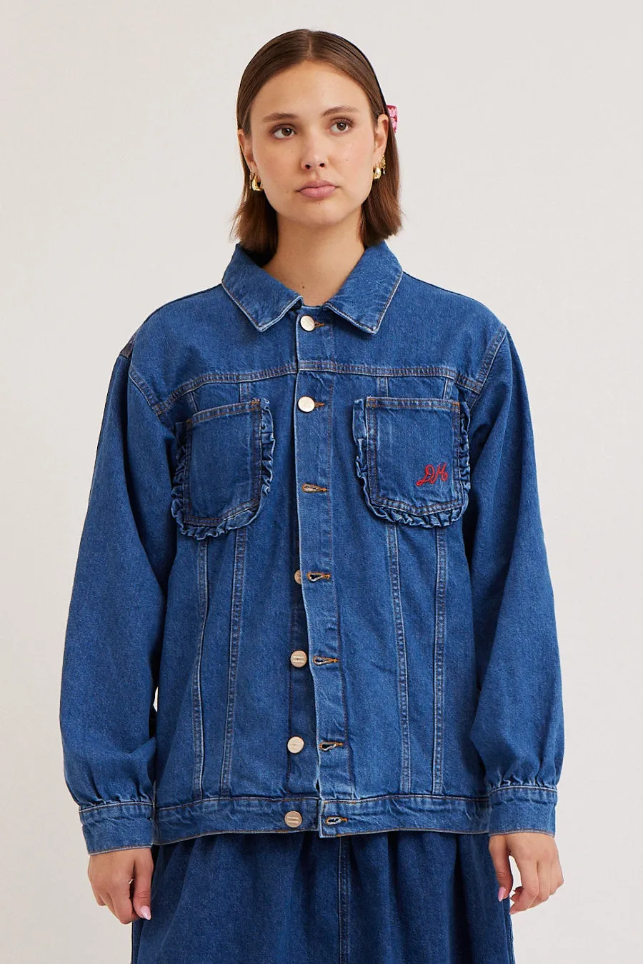 frilly fin denim jacket sold by Damson Madder