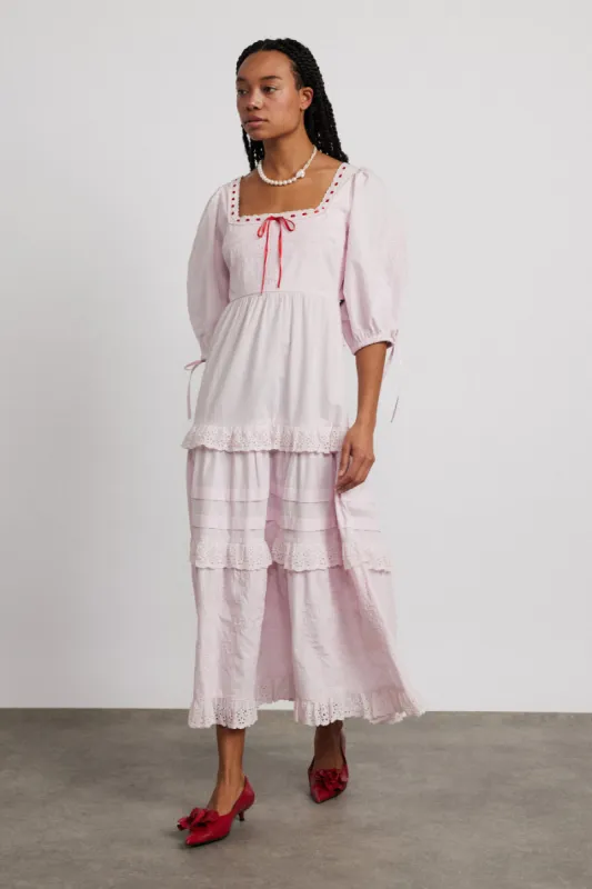 rebecca bow back dress - pink broderie sold by Damson Madder