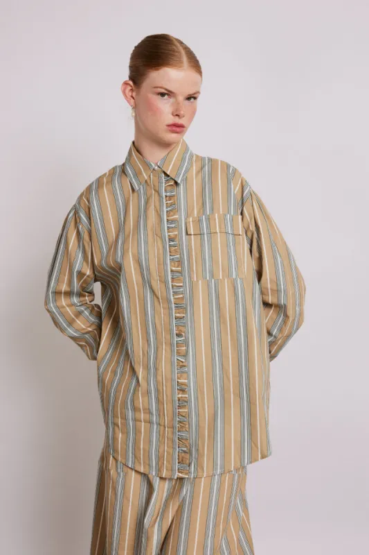 kylie ruffle shirt - tan stripe sold by Damson Madder