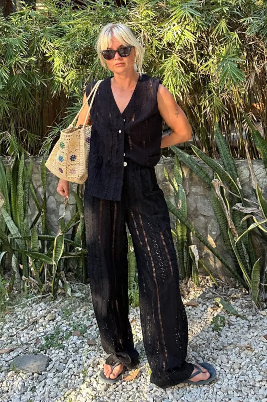 vacation pants - black broderie sold by Damson Madder