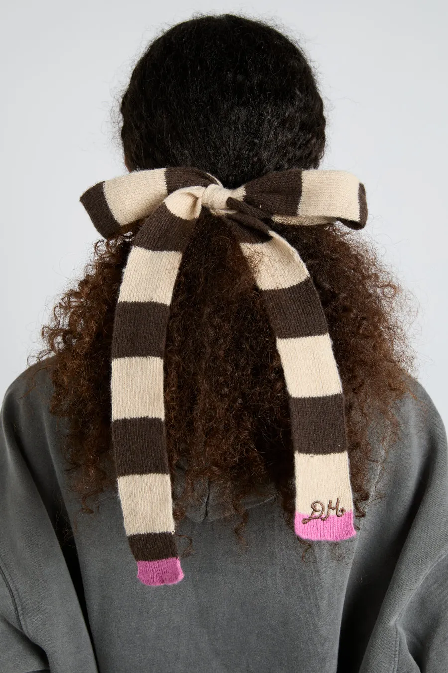 knitted hair bow in stripe - ecru & choc sold by Damson Madder