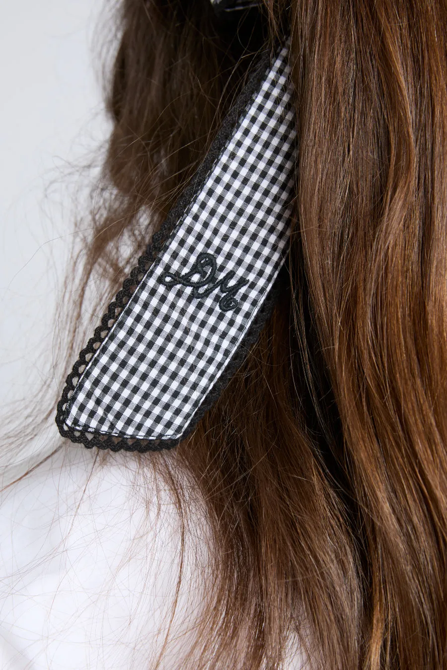 gingham bow scrunchie in black & ecru sold by Damson Madder product image thumbnail 3