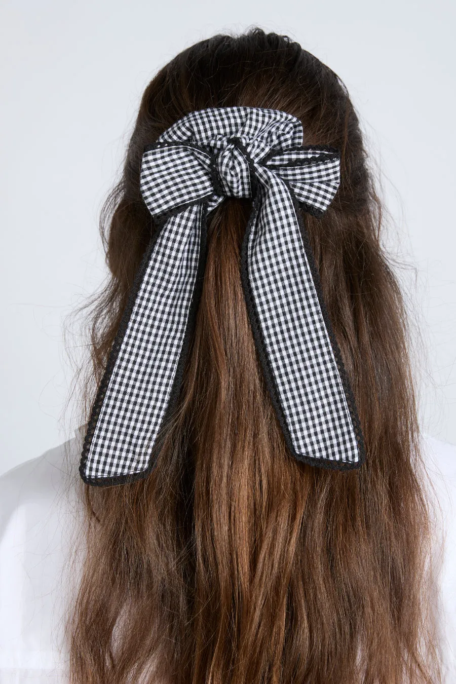gingham bow scrunchie in black & ecru sold by Damson Madder