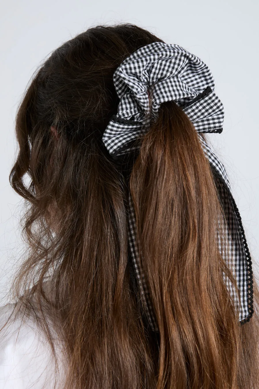 gingham bow scrunchie in black & ecru sold by Damson Madder product image thumbnail 2