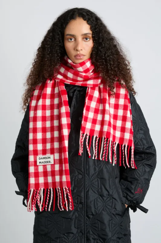 gingham scarf in responsible wool - red sold by Damson Madder