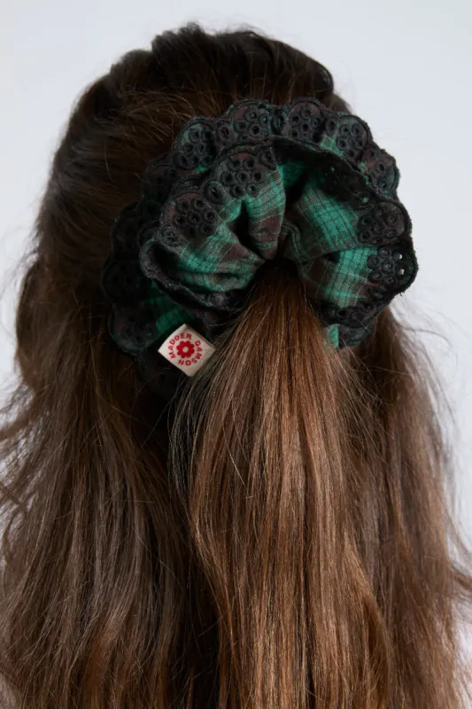 green check broderie scrunchie sold by Damson Madder