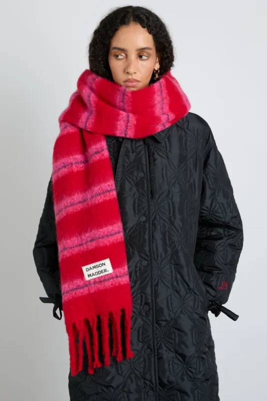 pink & red fluffy stripe scarf sold by Damson Madder