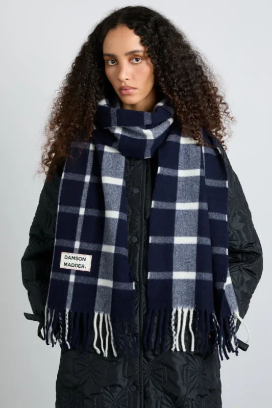 navy & ecru check scarf in responsible wool sold by Damson Madder