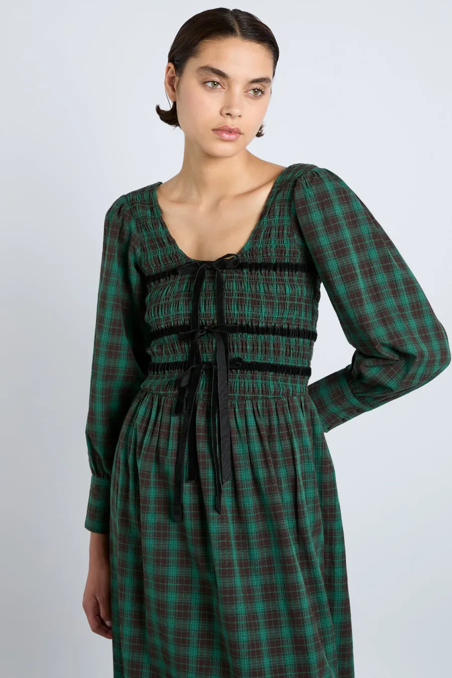 elle shirred midi dress - green check sold by Damson Madder product image thumbnail 3