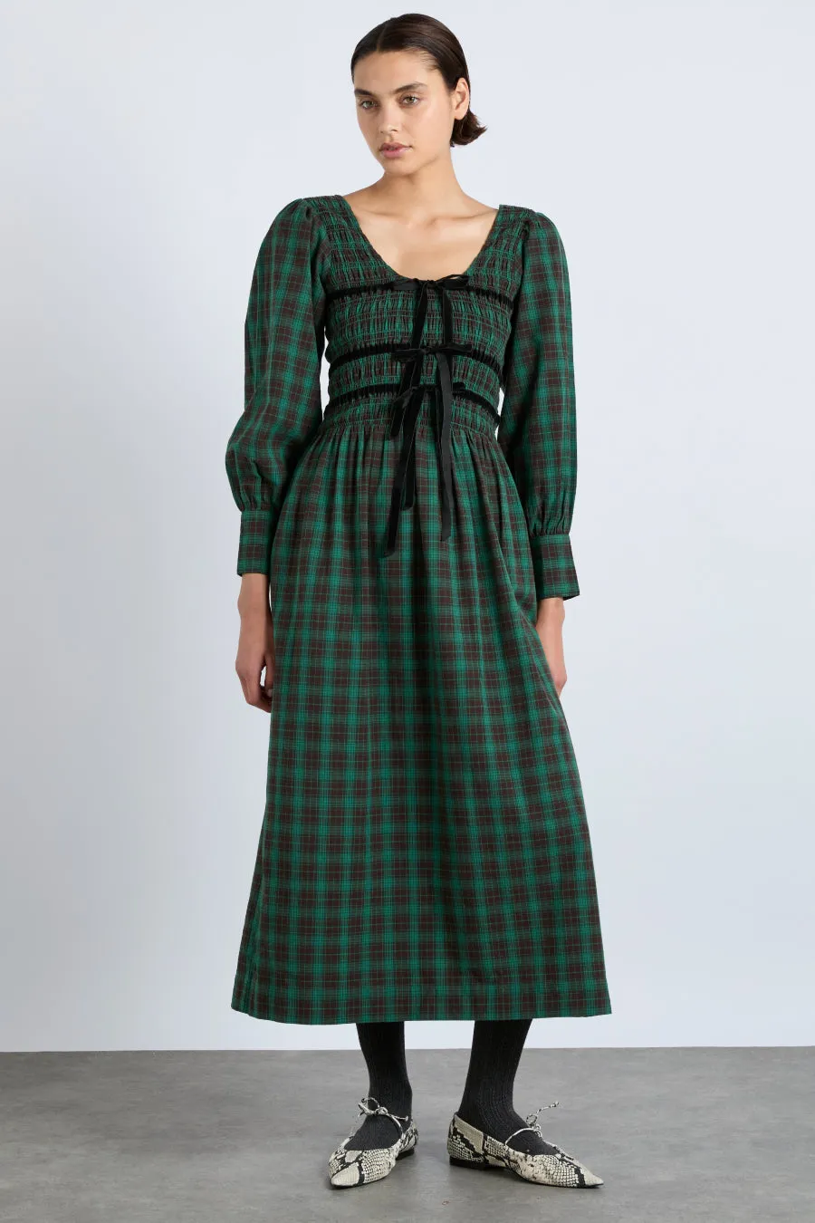 elle shirred midi dress - green check sold by Damson Madder