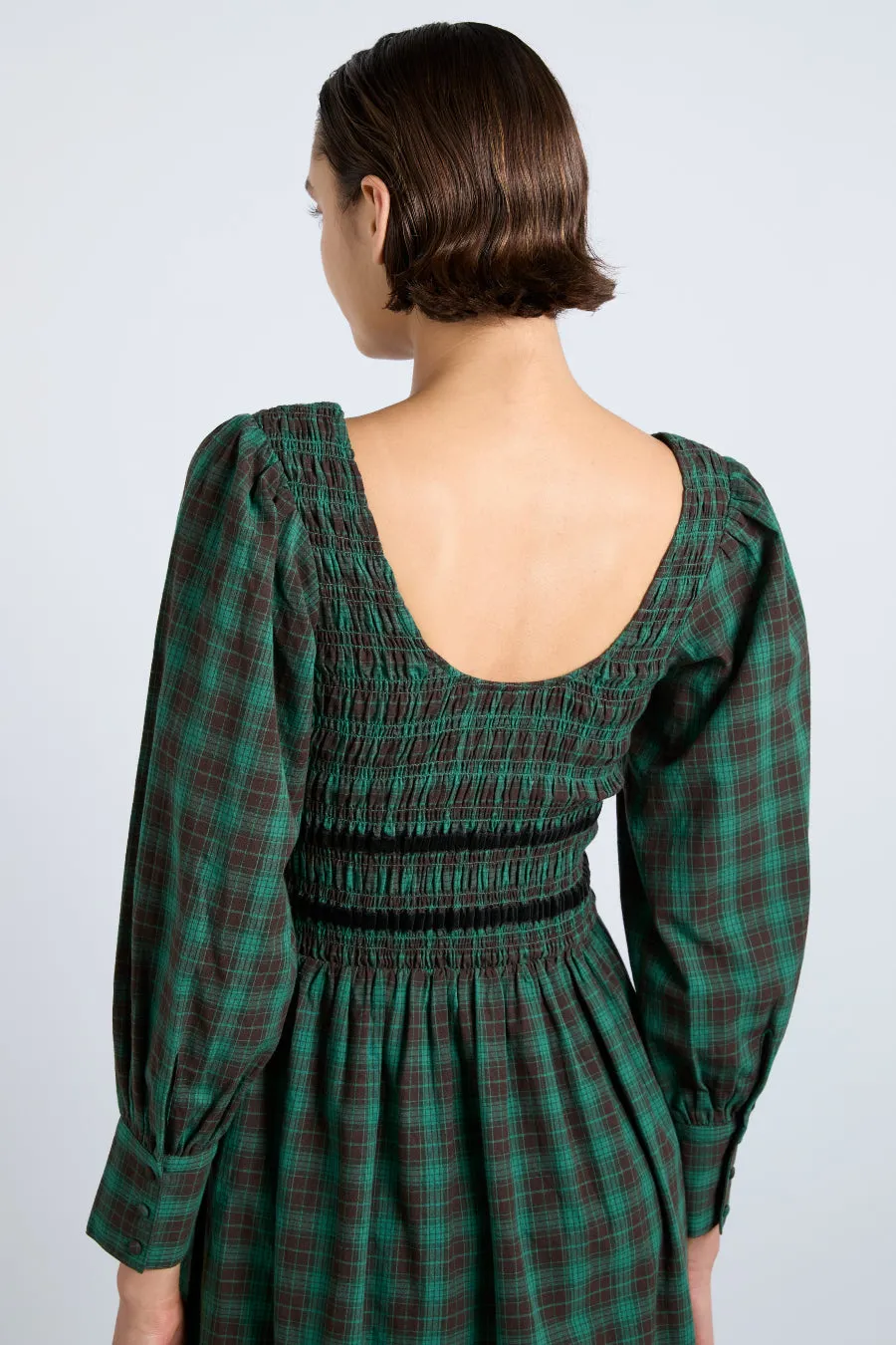 elle shirred midi dress - green check sold by Damson Madder product image thumbnail 5