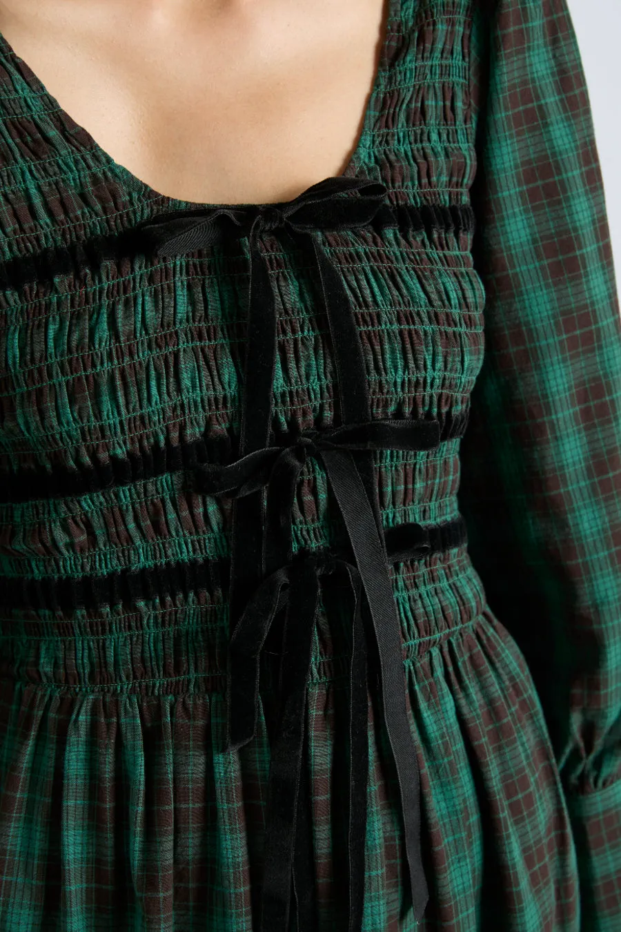 elle shirred midi dress - green check sold by Damson Madder product image thumbnail 2