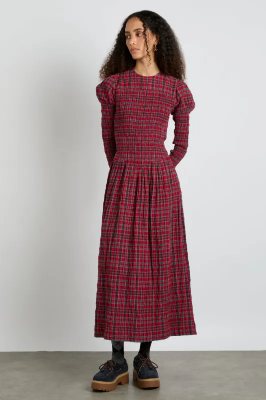 alice shirred midi dress- red check sold by Damson Madder