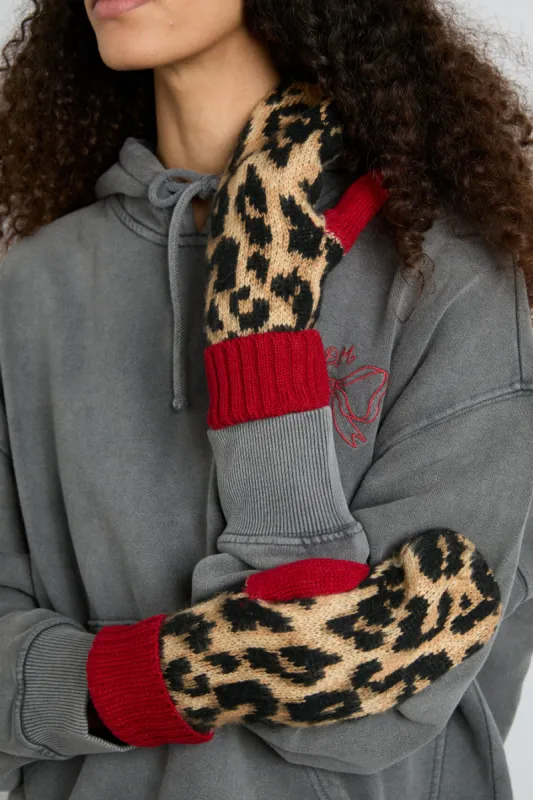 leopard mittens in fluffy yarn sold by Damson Madder