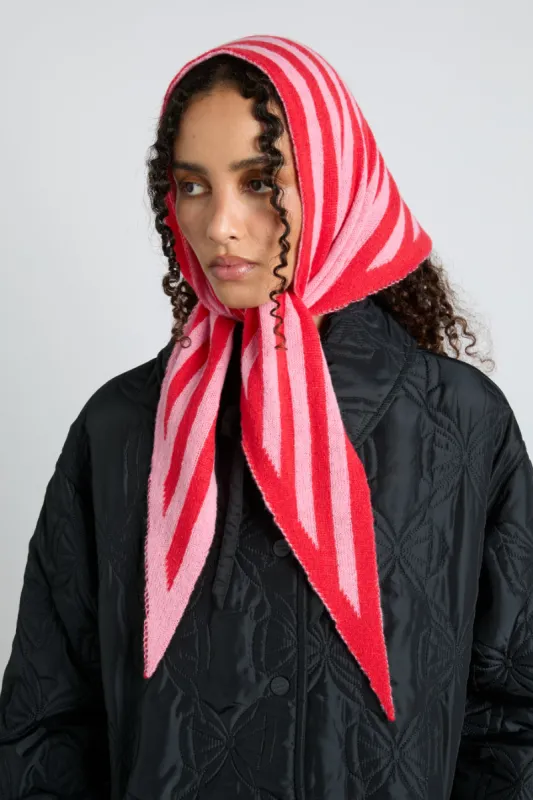 knitted triangle headscarf in pink & red stripe sold by Damson Madder