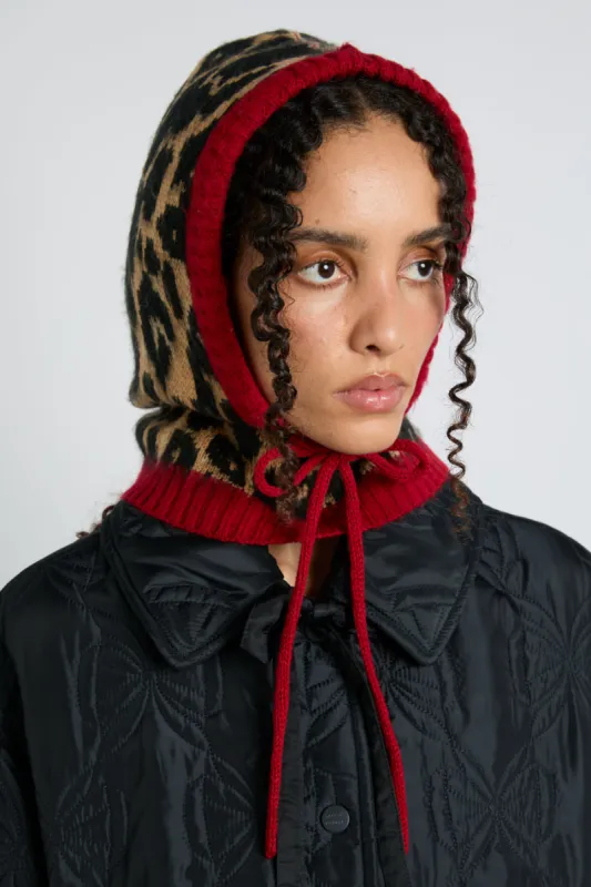 hood in leopard with red tie sold by Damson Madder