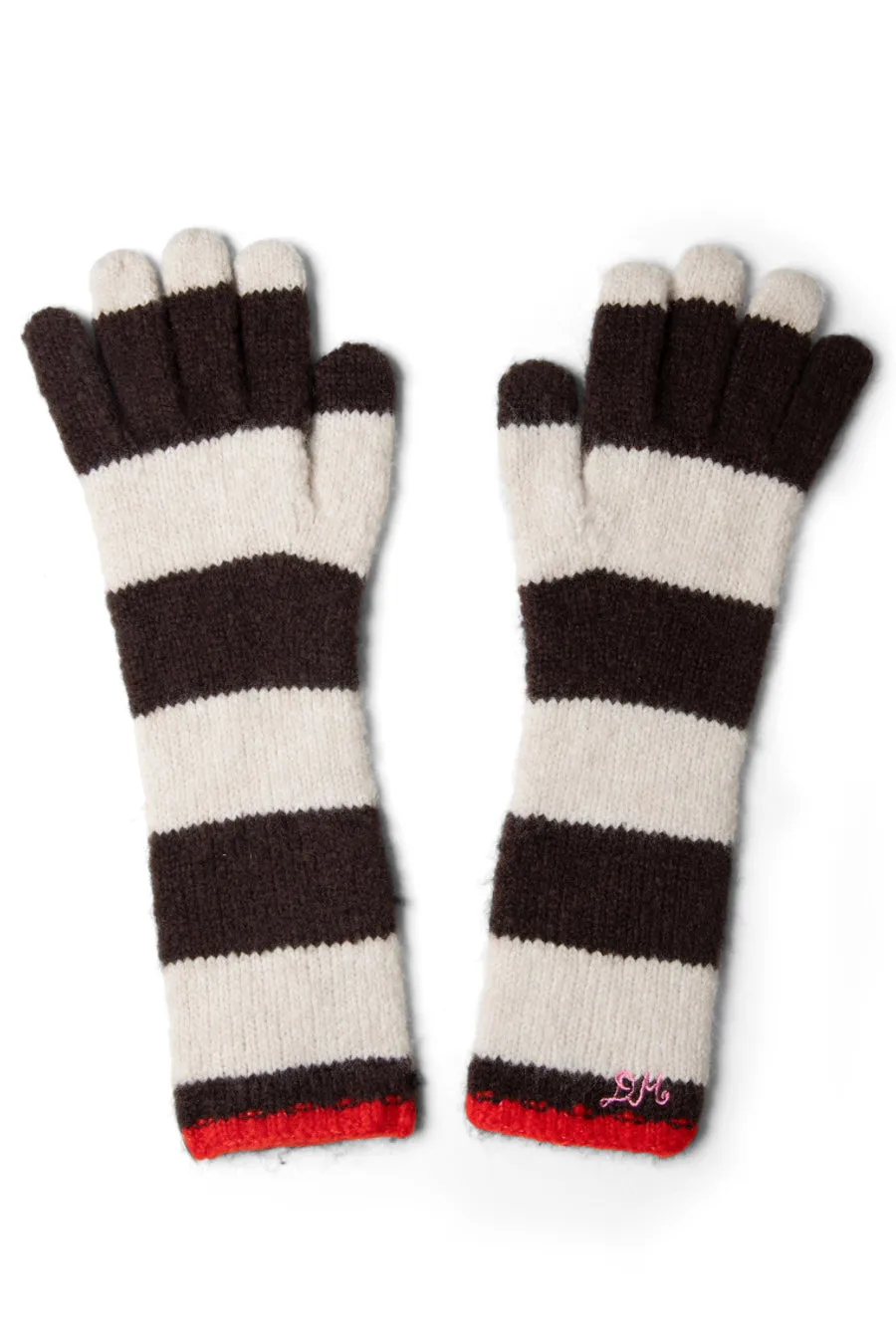 long gloves in choc & ecru stripe sold by Damson Madder