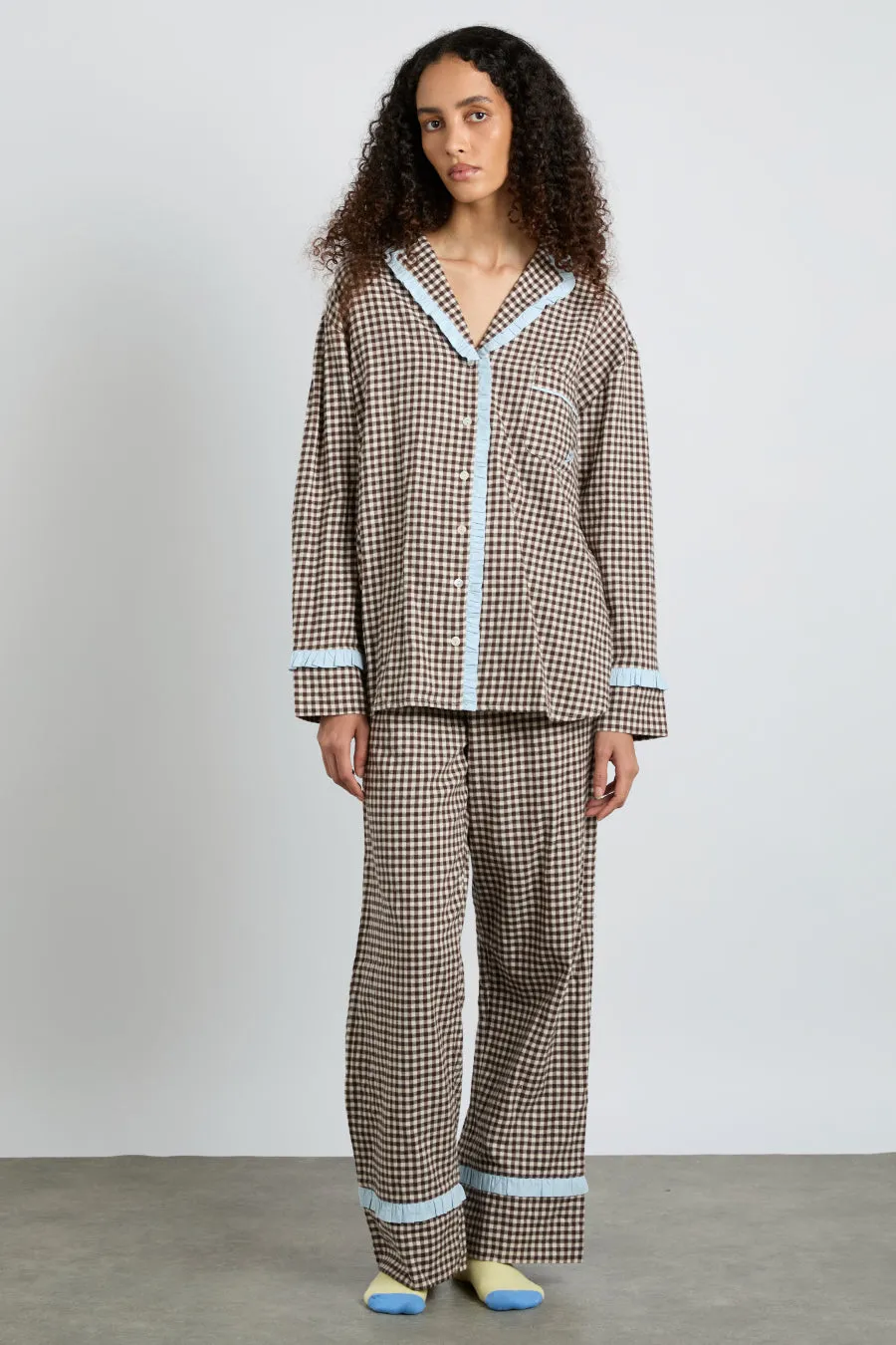 antonia pj set- brown gingham sold by Damson Madder