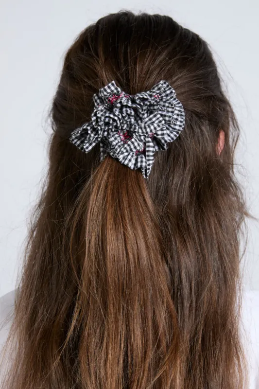 garter scrunchie in black & ecru gingham with stitch detail sold by Damson Madder