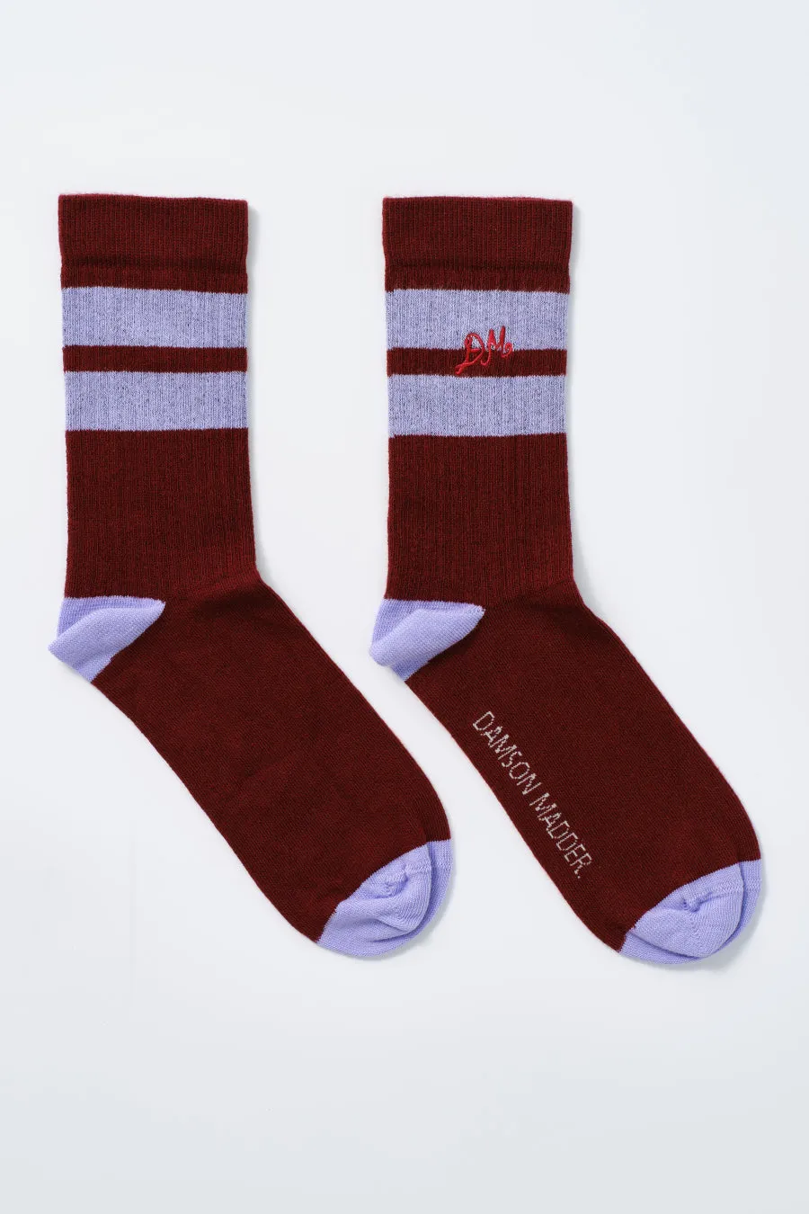 calf length socks - burgundy & lilac stripe sold by Damson Madder