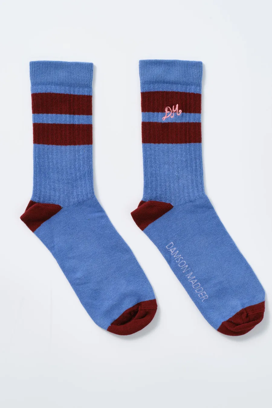 calf length socks - blue & burgundy stripe sold by Damson Madder