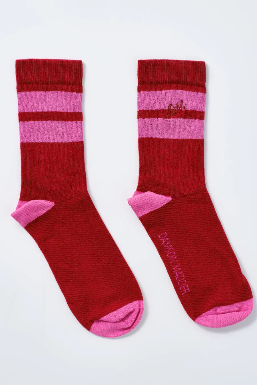 Sporty calf length socks - red & pink stripe sold by Damson Madder