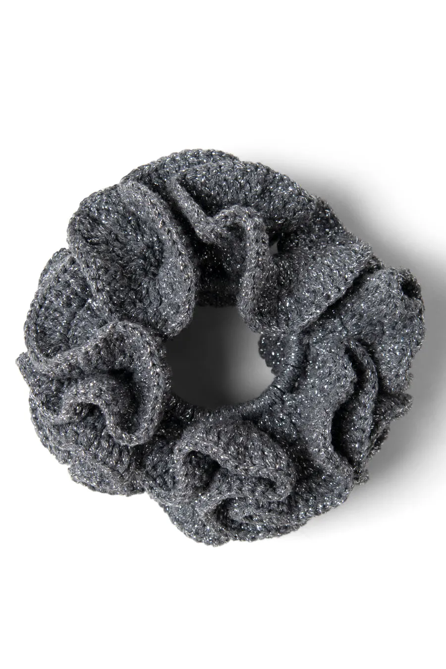 wiggle crochet scrunchie in silver metallic knit sold by Damson Madder