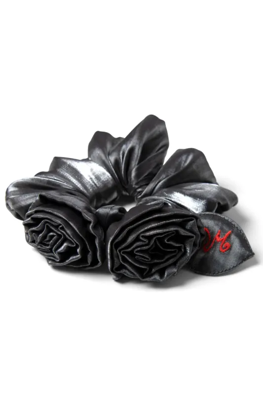 double rose scrunchie in glass satin sold by Damson Madder