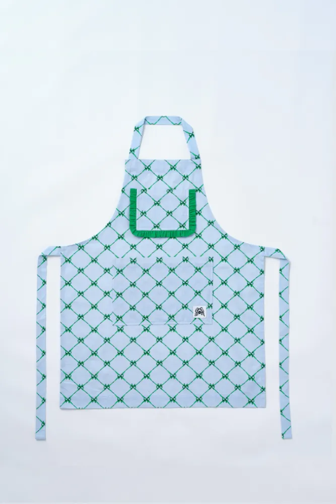valerie apron - green & blue bow sold by Damson Madder